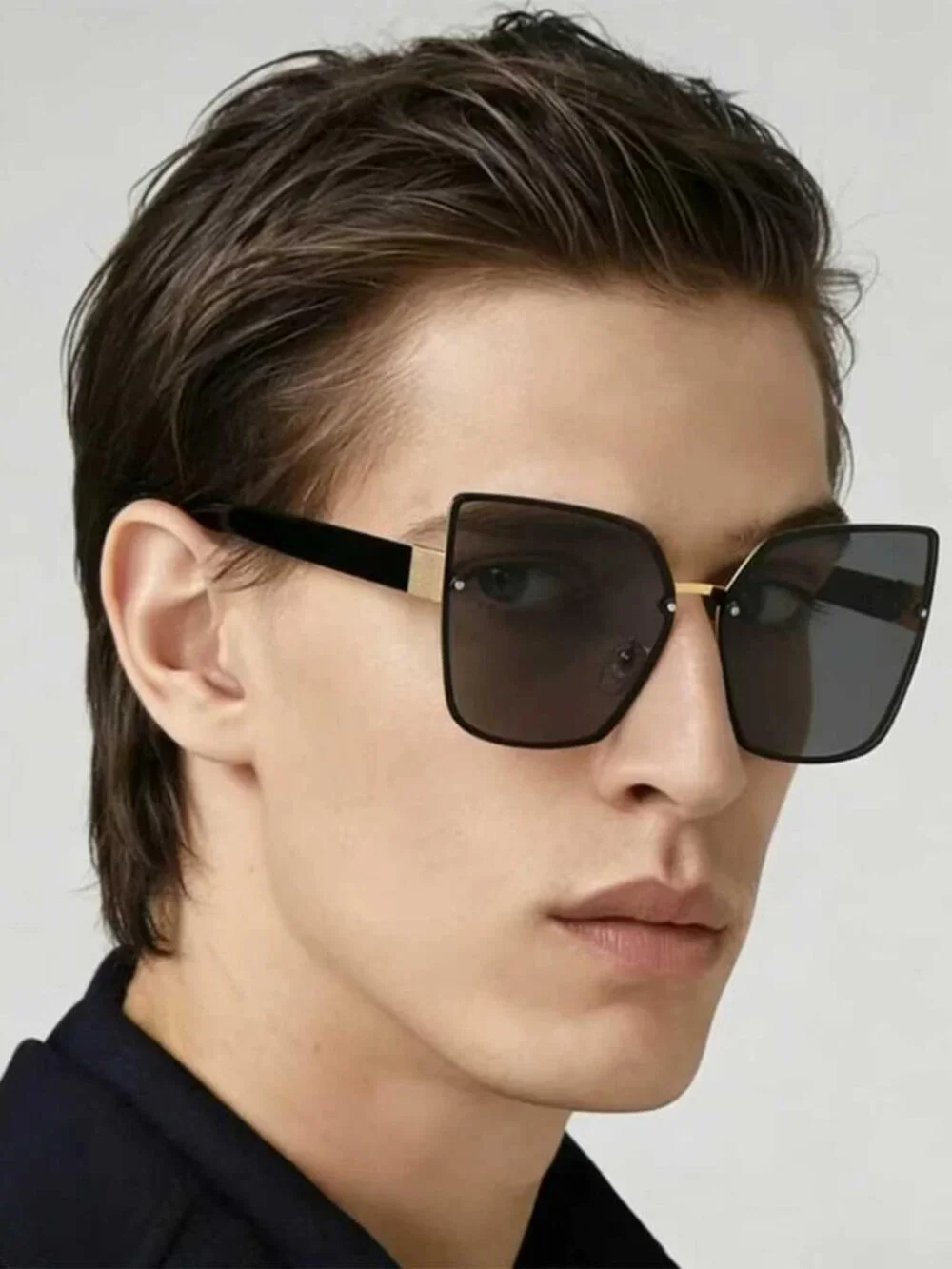 Oversized Black Sunglasses Rimless Metal Frame with Gold Accents UV Protection